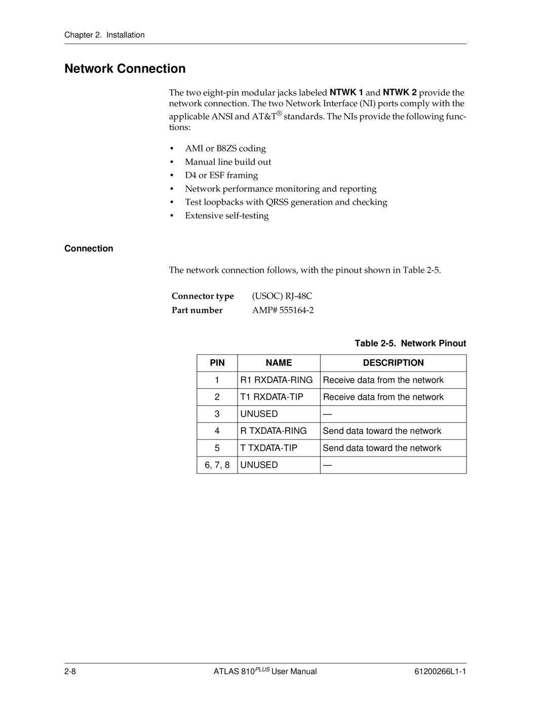 ADTRAN 810 Plus manual Network Connection, Network Pinout, Receive data from the network, Send data toward the network 