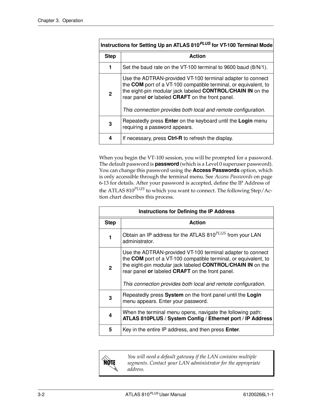 ADTRAN 810 Plus manual Instructions for Defining the IP Address, Step Action 