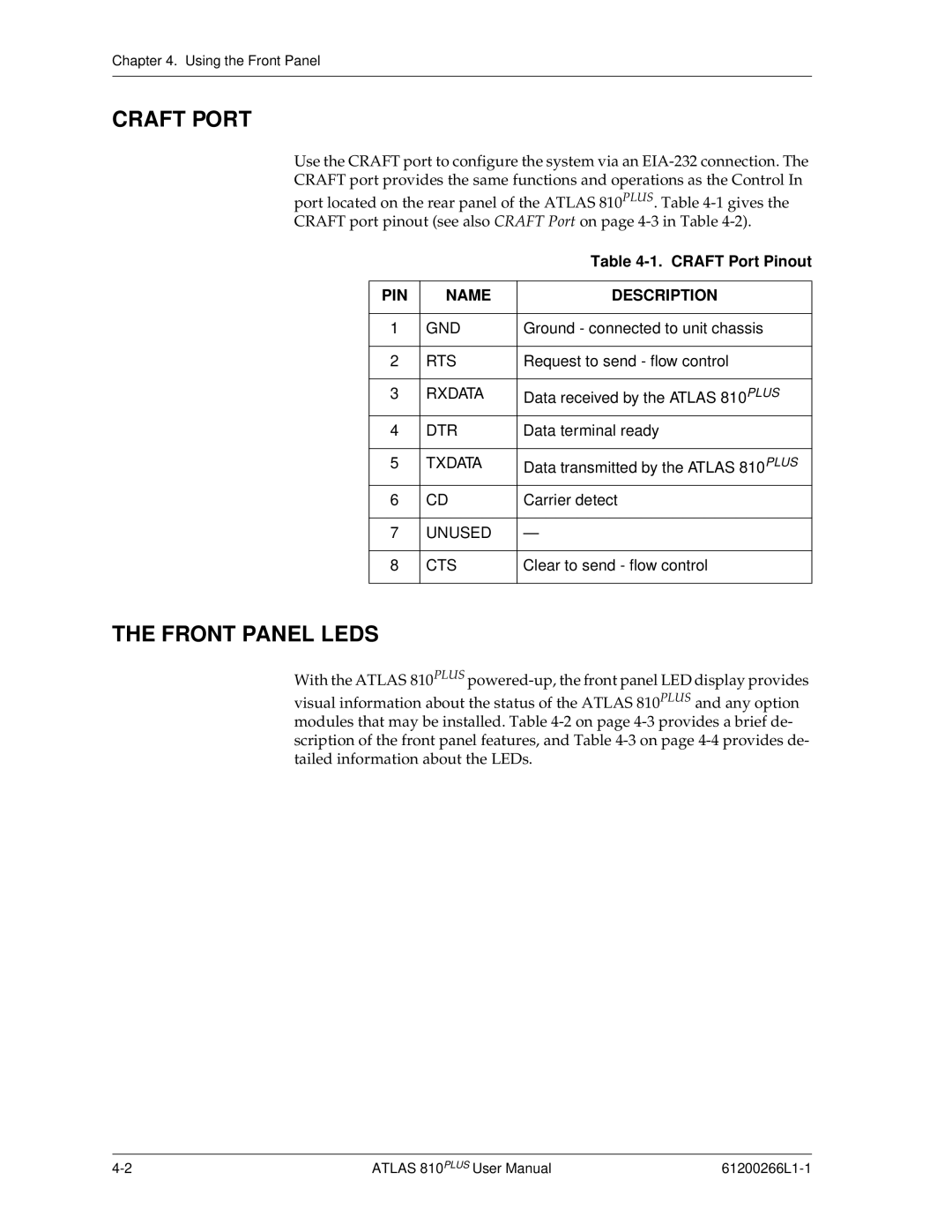 ADTRAN 810 Plus manual Front Panel Leds, Craft Port Pinout 