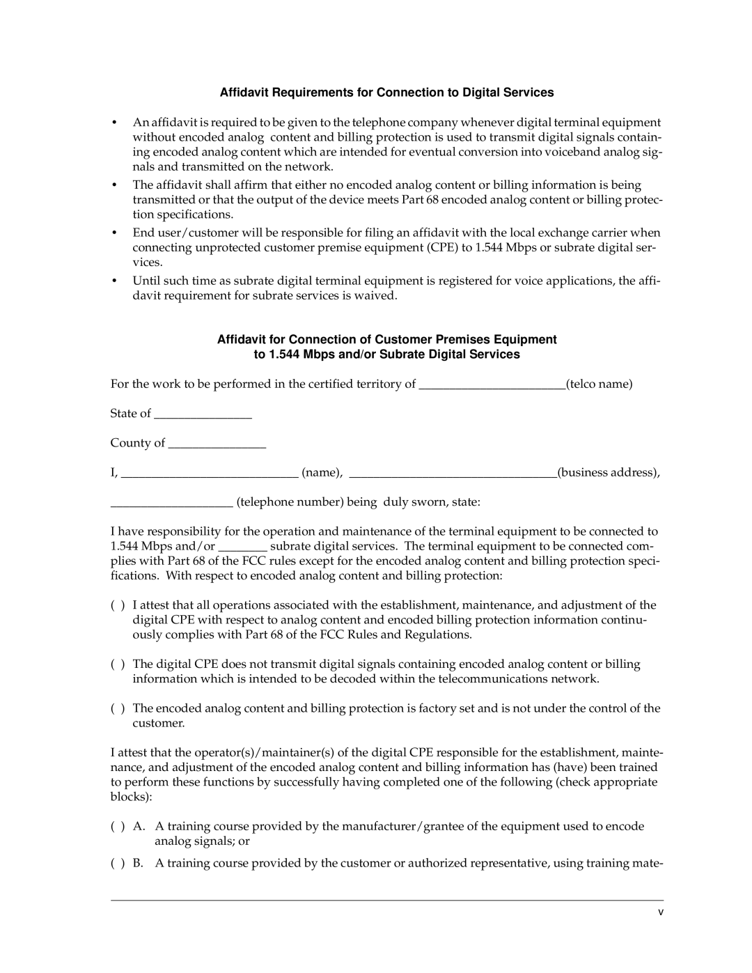 ADTRAN 810 Plus manual Affidavit Requirements for Connection to Digital Services 