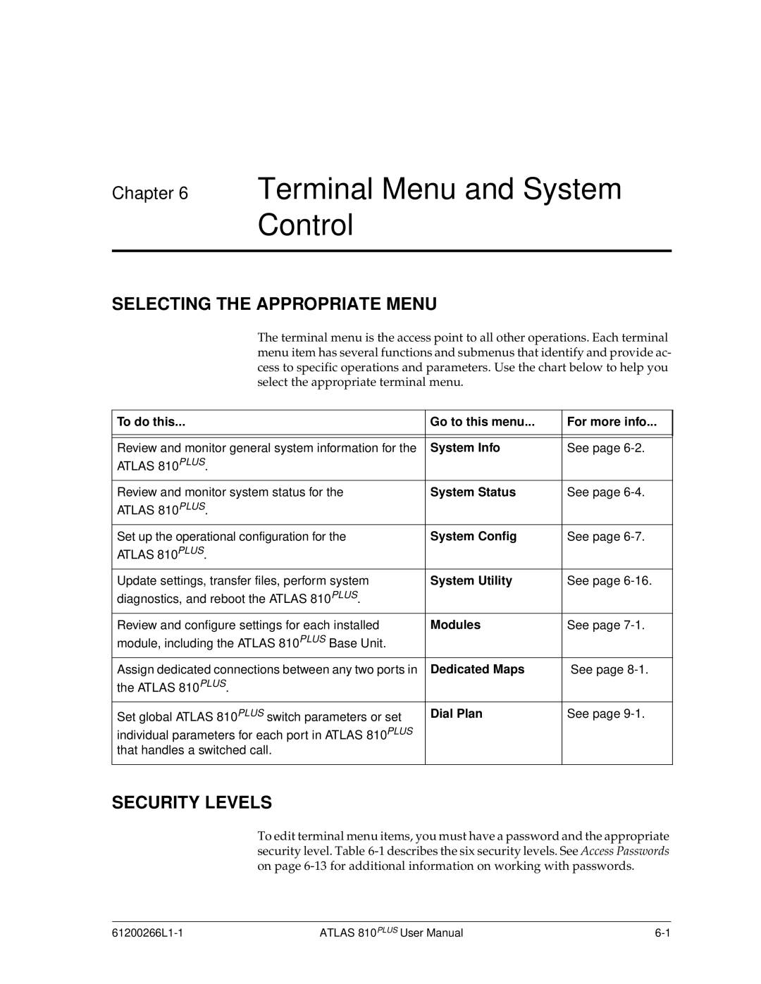 ADTRAN 810 Plus manual Terminal Menu and System Control, Selecting the Appropriate Menu, Security Levels 