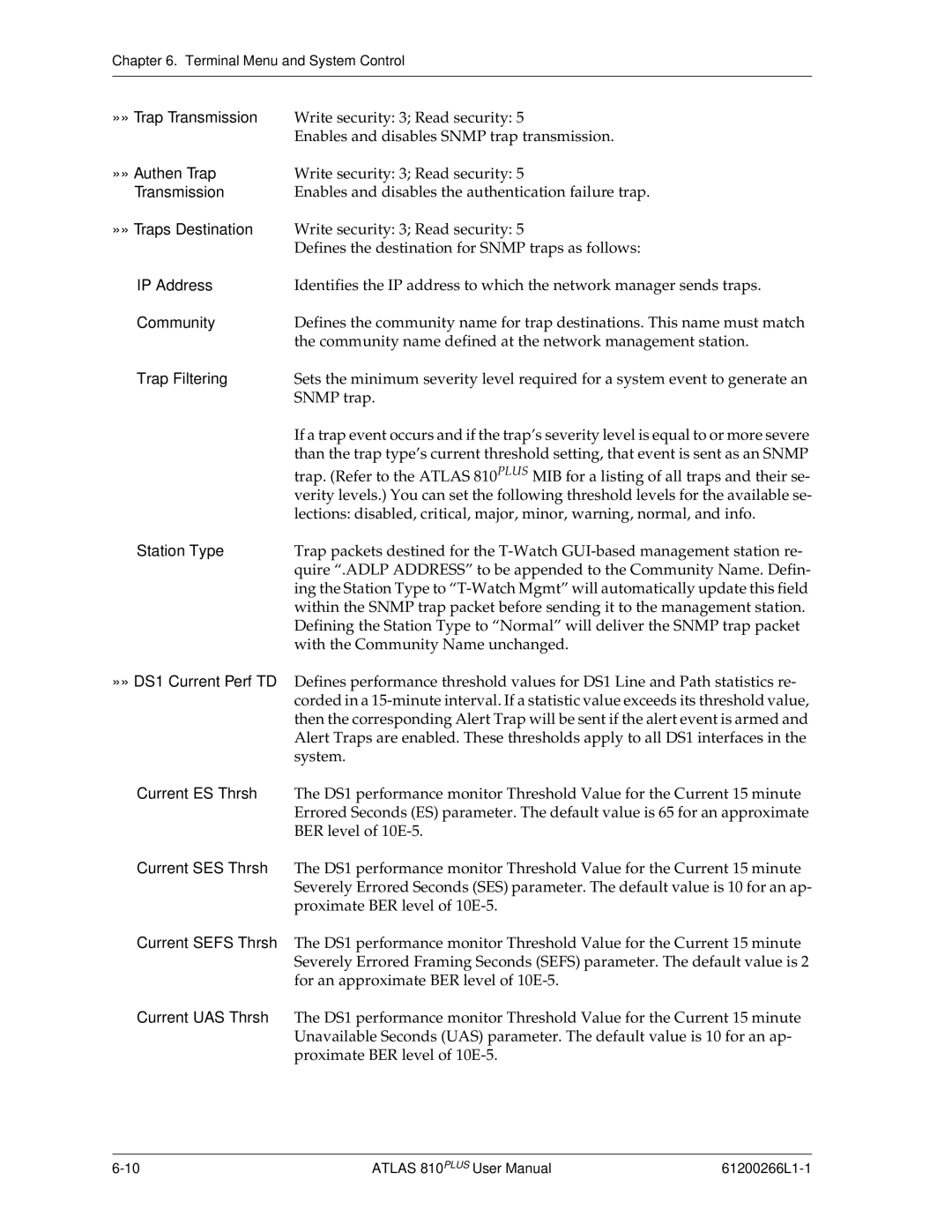 ADTRAN 810 Plus manual »» Authen Trap, Transmission, »» Traps Destination, Community, Trap Filtering, Station Type 