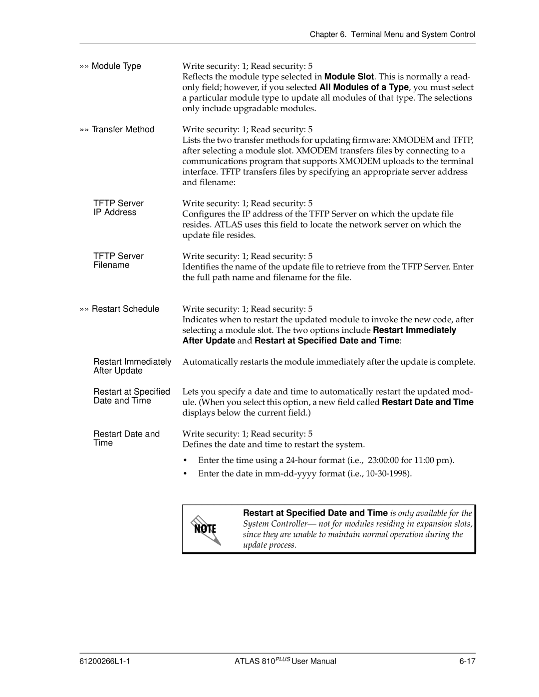 ADTRAN 810 Plus manual »» Module Type, »» Transfer Method, Tftp Server IP Address, Tftp Server Filename »» Restart Schedule 