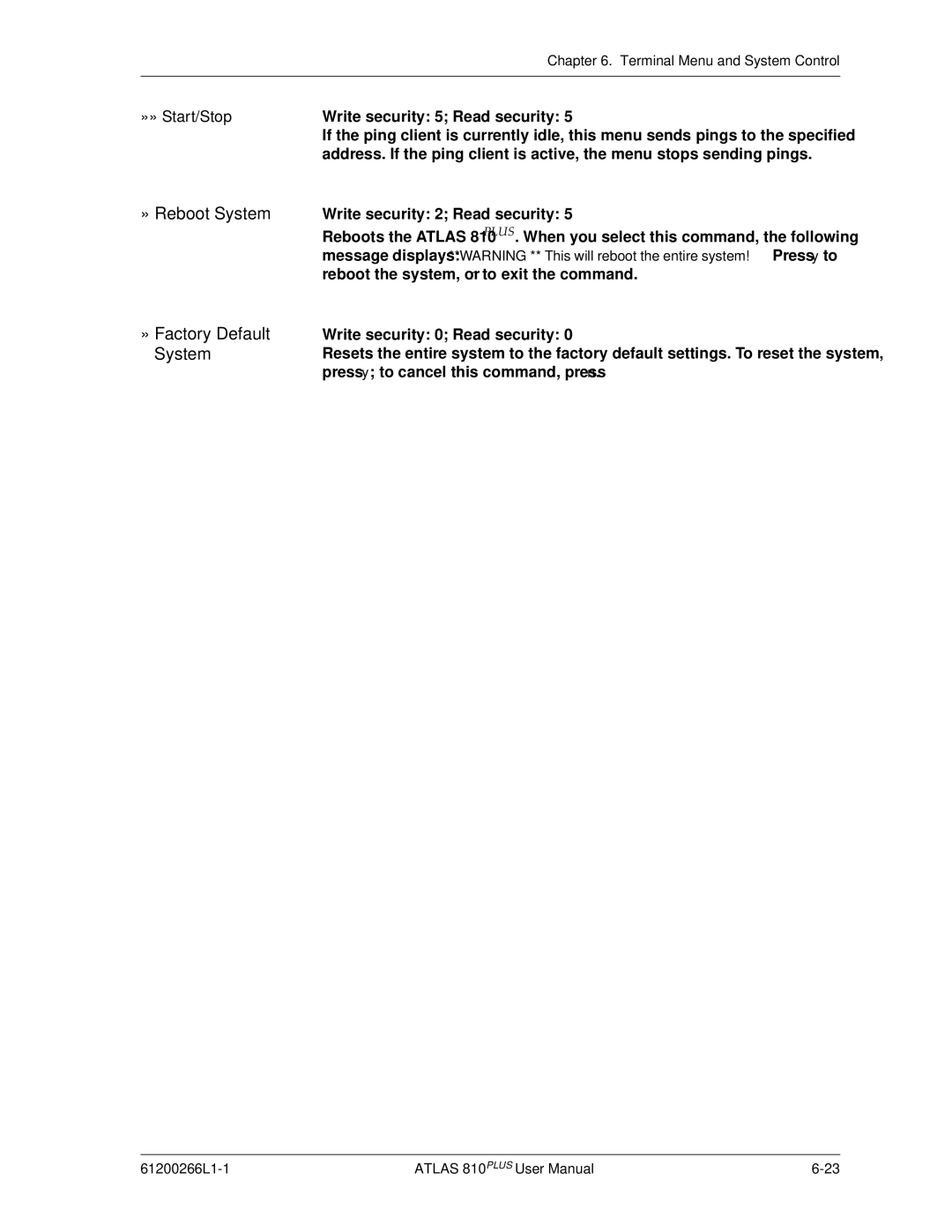 ADTRAN 810 Plus manual » Factory Default System, »» Start/Stop 