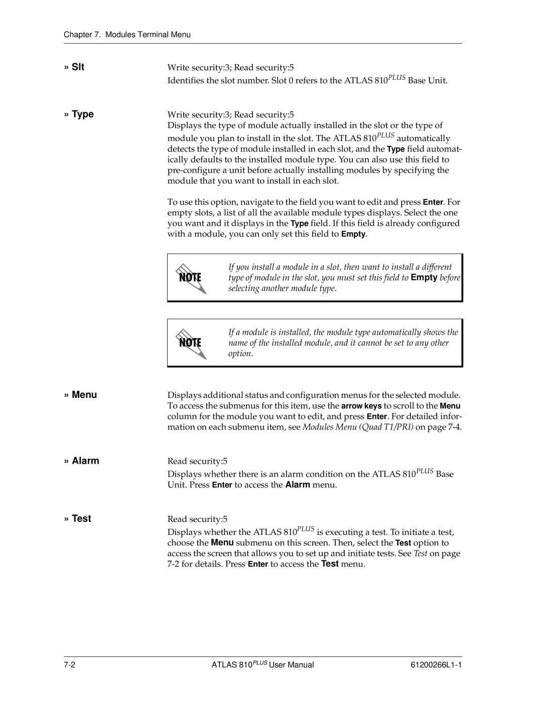 ADTRAN 810 Plus manual » Slt, » Type, » Menu, » Alarm, » Test 