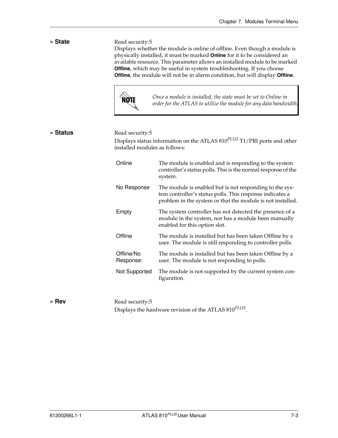 ADTRAN 810 Plus manual » State, » Status, » Rev 