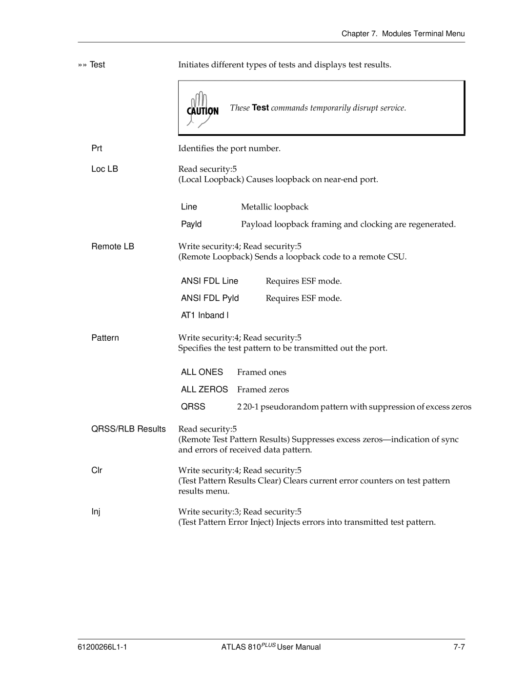 ADTRAN 810 Plus manual »» Test, Loc LB, Payld, Remote LB, Ansi FDL Line, Ansi FDL Pyld, AT1 Inband l Pattern, Clr, Inj 
