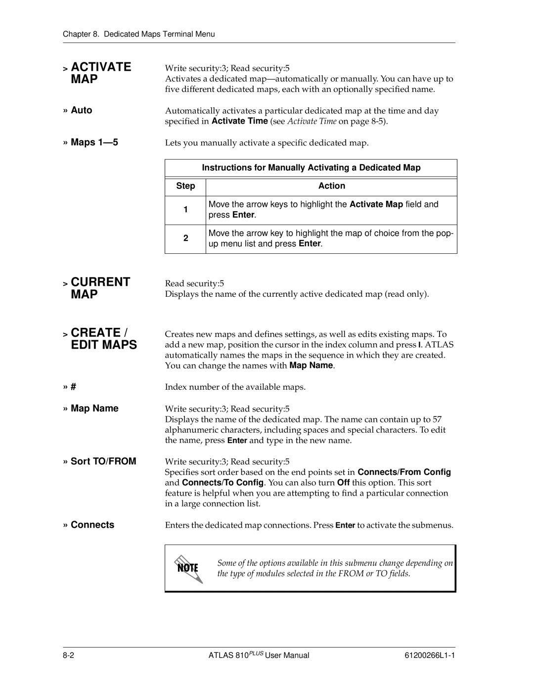 ADTRAN 810 Plus Activate MAP, Current MAP Create / Edit Maps, » Auto » Maps, » # » Map Name » Sort TO/FROM » Connects 