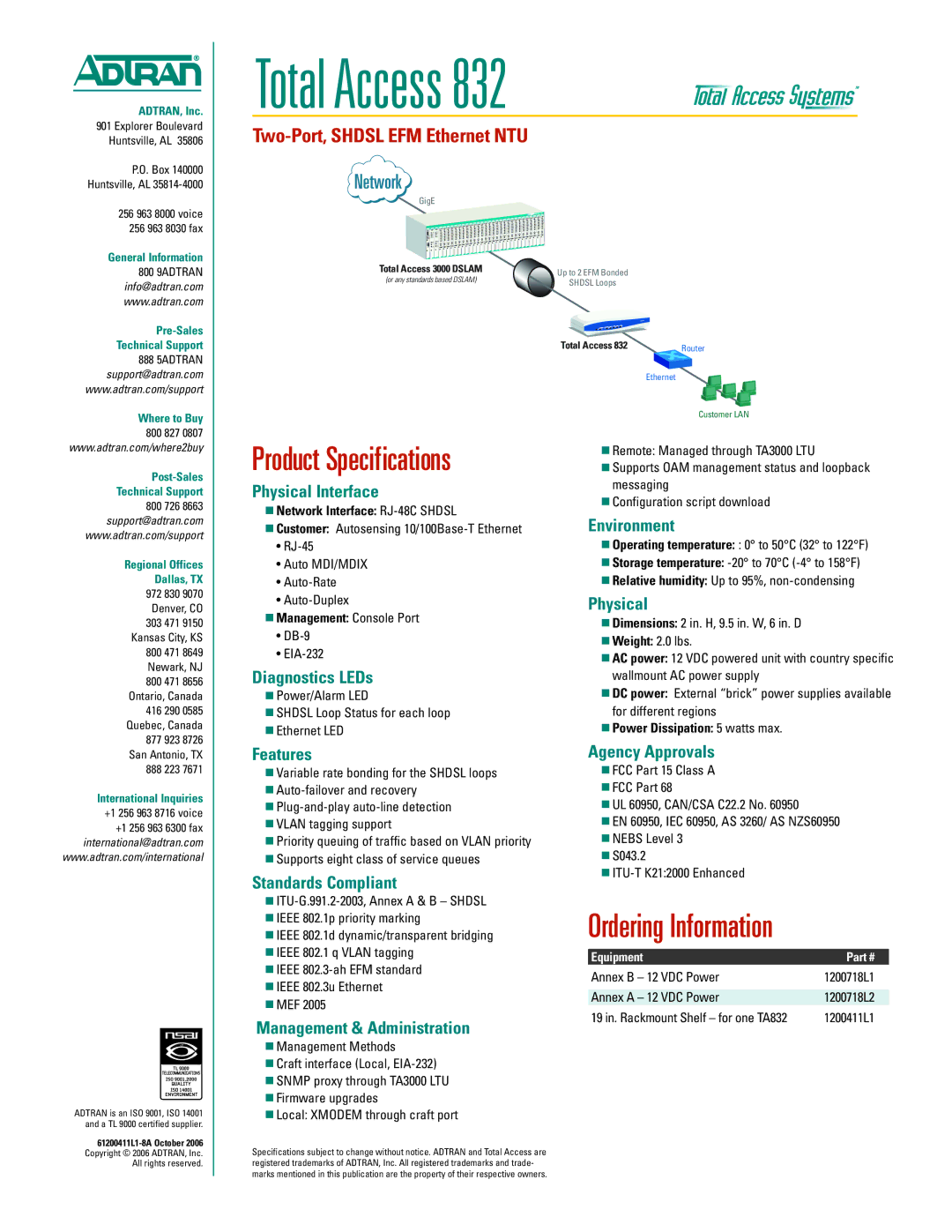 ADTRAN 832 Physical Interface, Diagnostics LEDs, Environment, Features, Standards Compliant, Management & Administration 