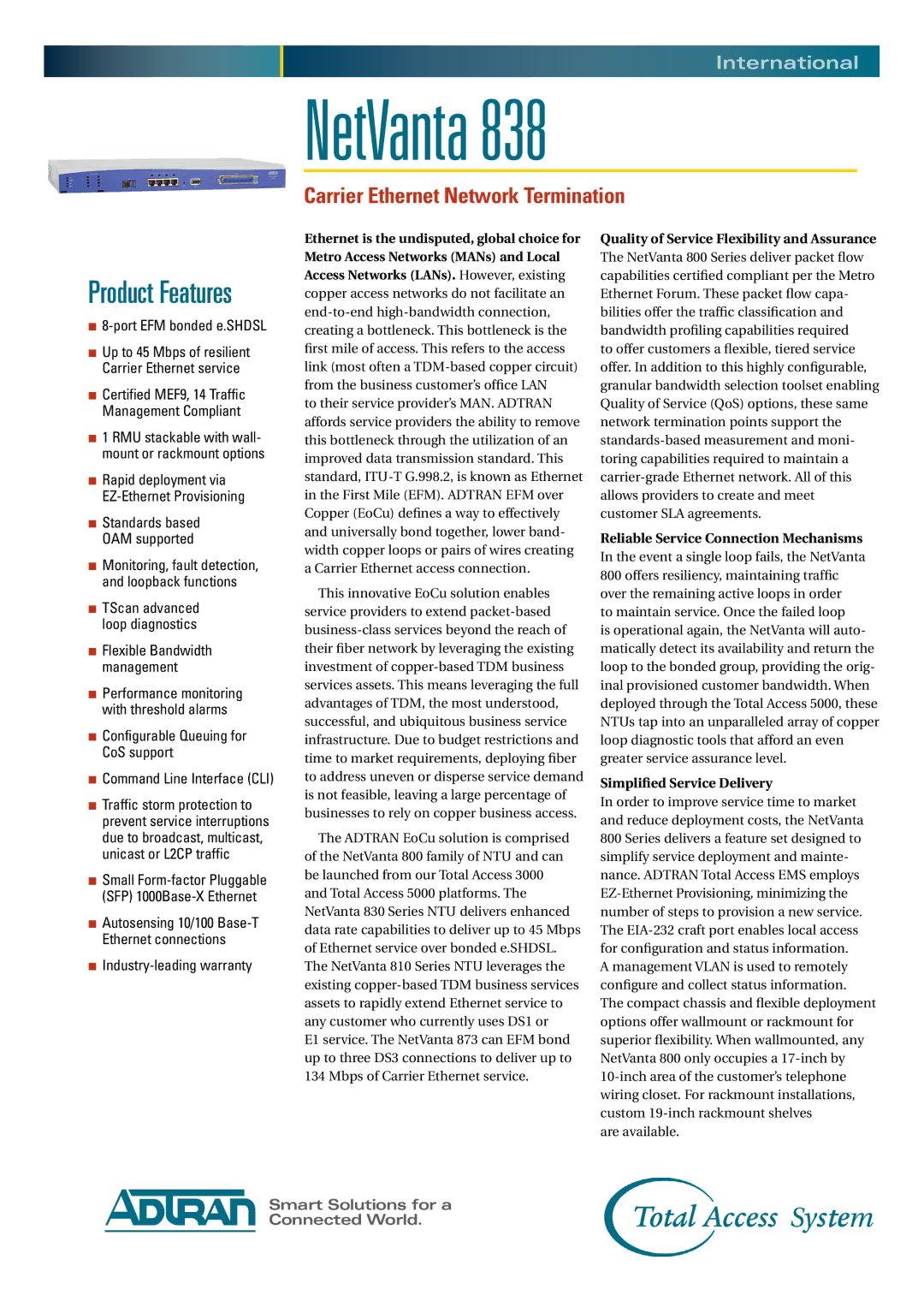 ADTRAN 838 warranty Quality of Service Flexibility and Assurance, Reliable Service Connection Mechanisms 