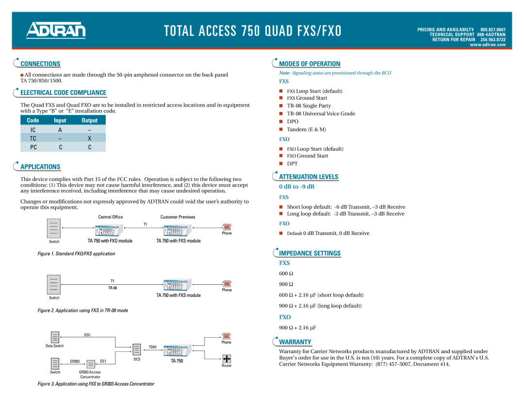 ADTRAN 850 Quad Connections, Electrical Code Compliance Modes of Operation, Applications, Attenuation Levels, Warranty 