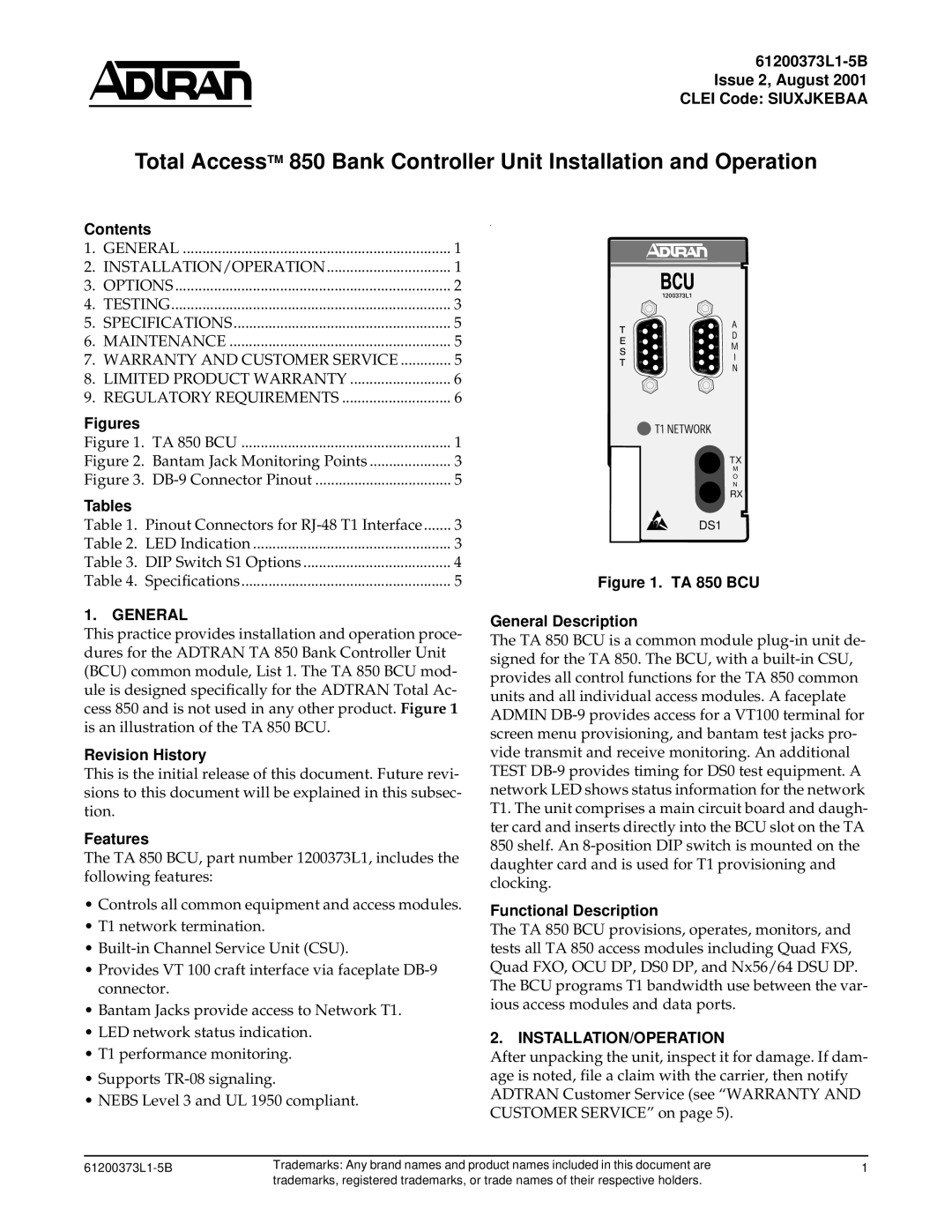 ADTRAN 850 specifications General, Installation/Operation 