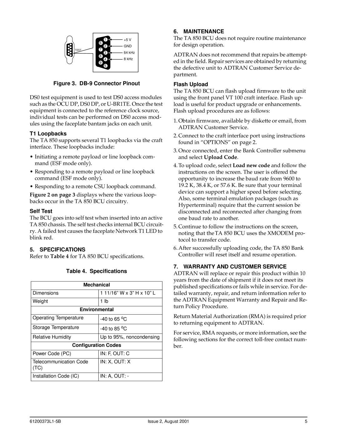 ADTRAN 850 specifications Maintenance, Specifications, Warranty and Customer Service 