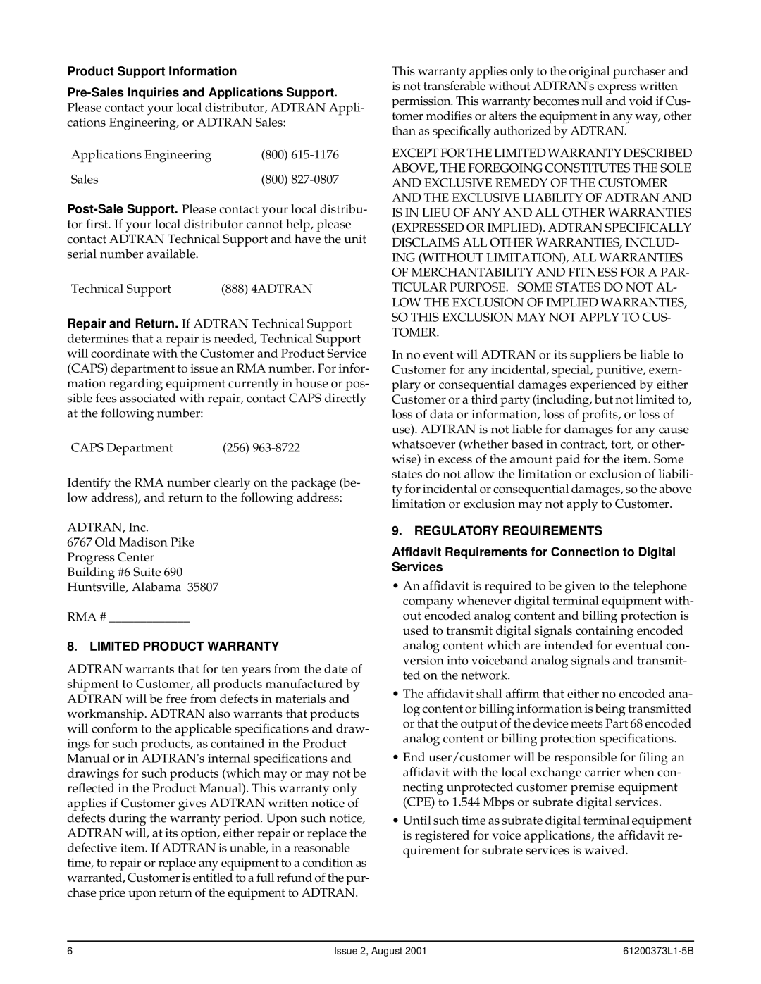 ADTRAN 850 specifications Product Support Information, Limited Product Warranty, Regulatory Requirements 