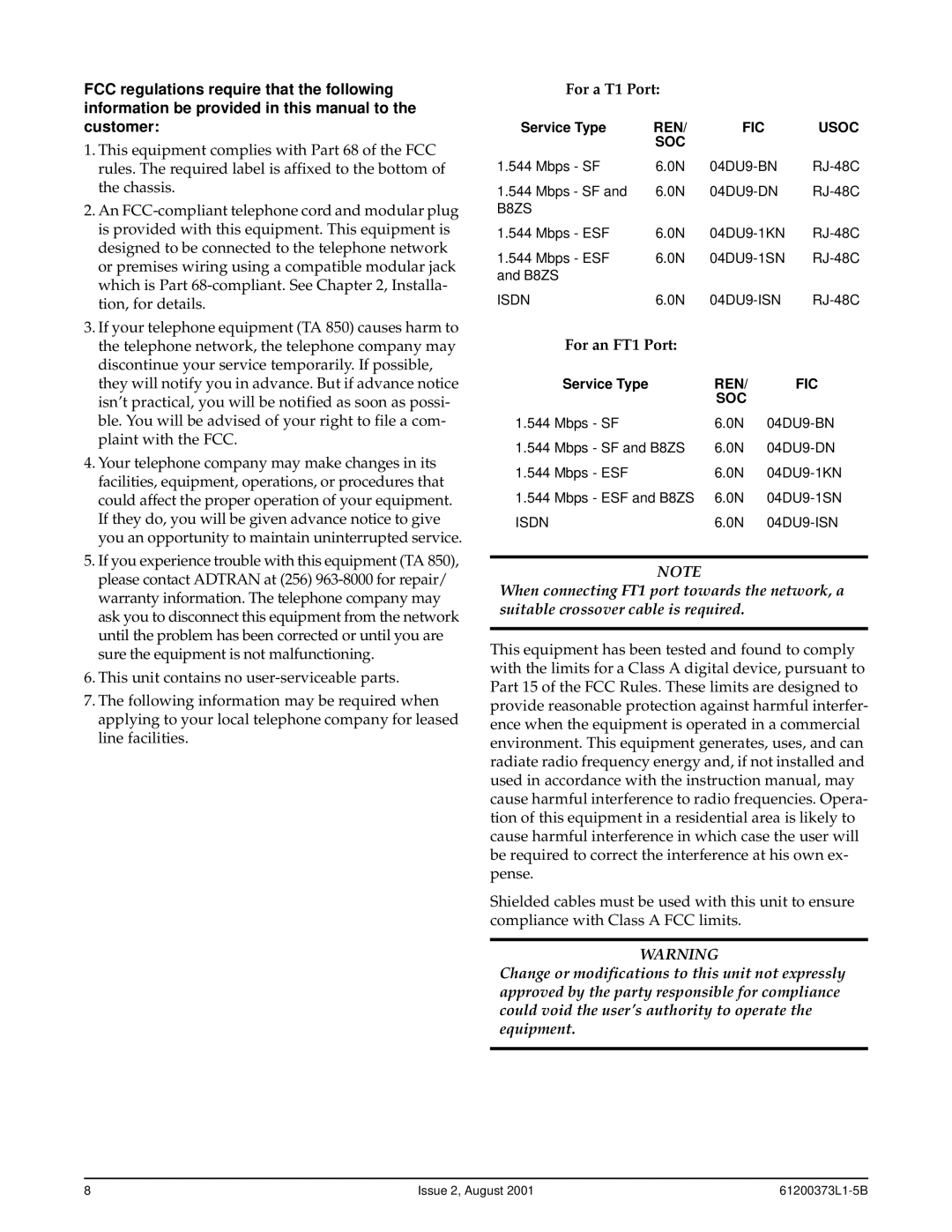 ADTRAN 850 specifications For a T1 Port 