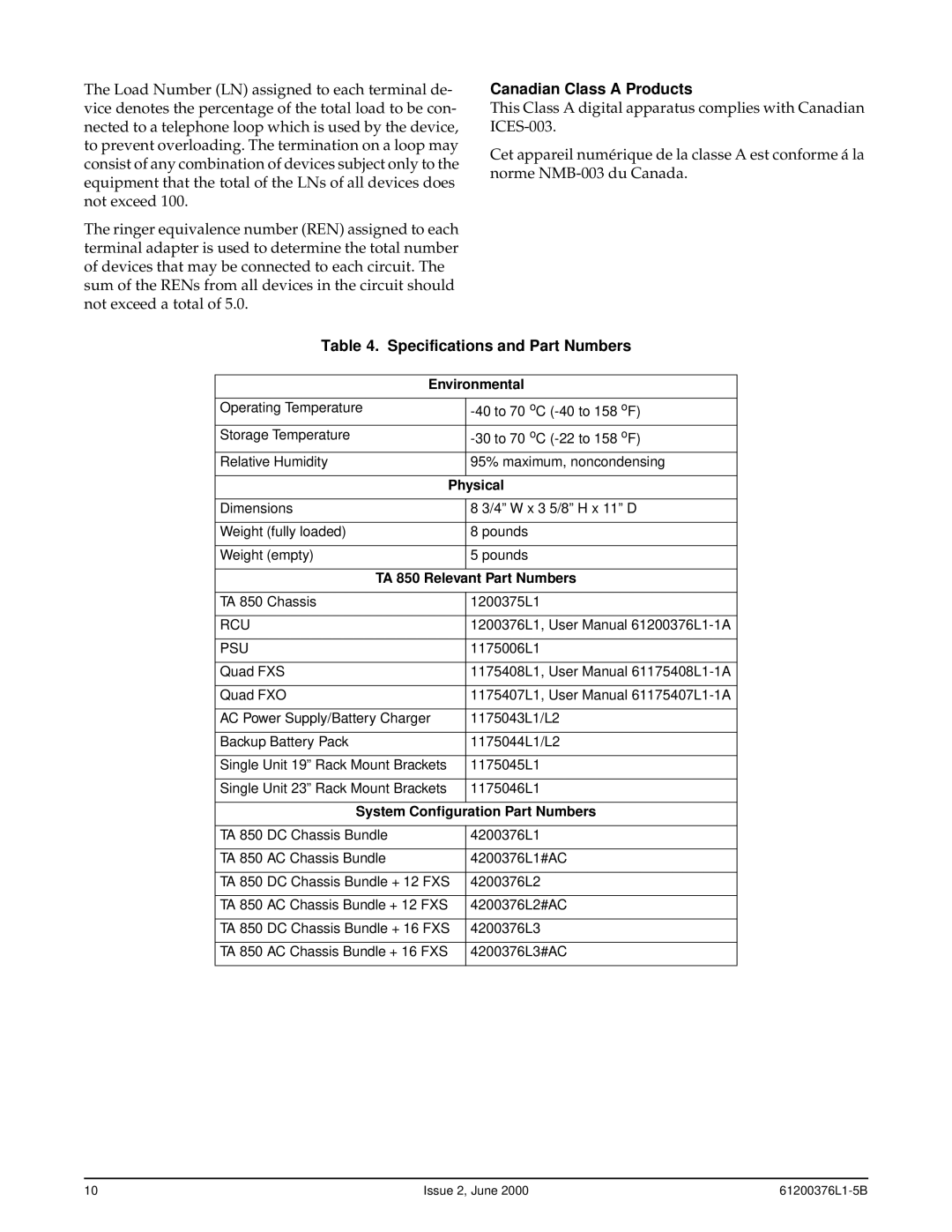 ADTRAN 850 specifications Canadian Class a Products, Specifications and Part Numbers, Environmental, Physical 