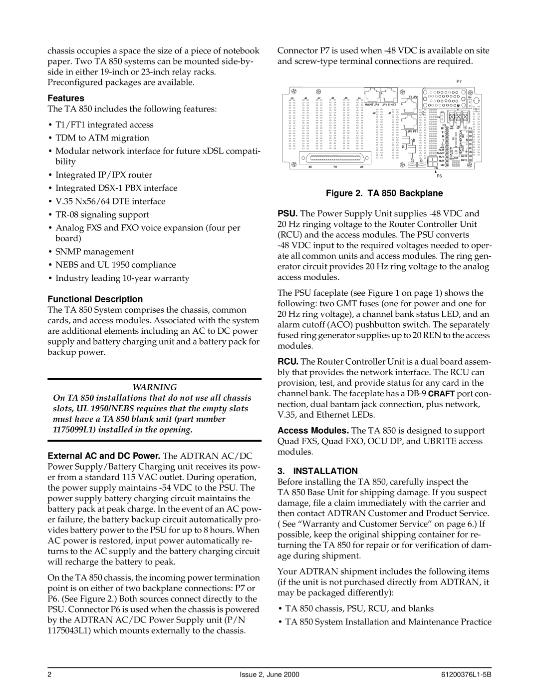 ADTRAN 850 specifications Features, Functional Description, Installation 