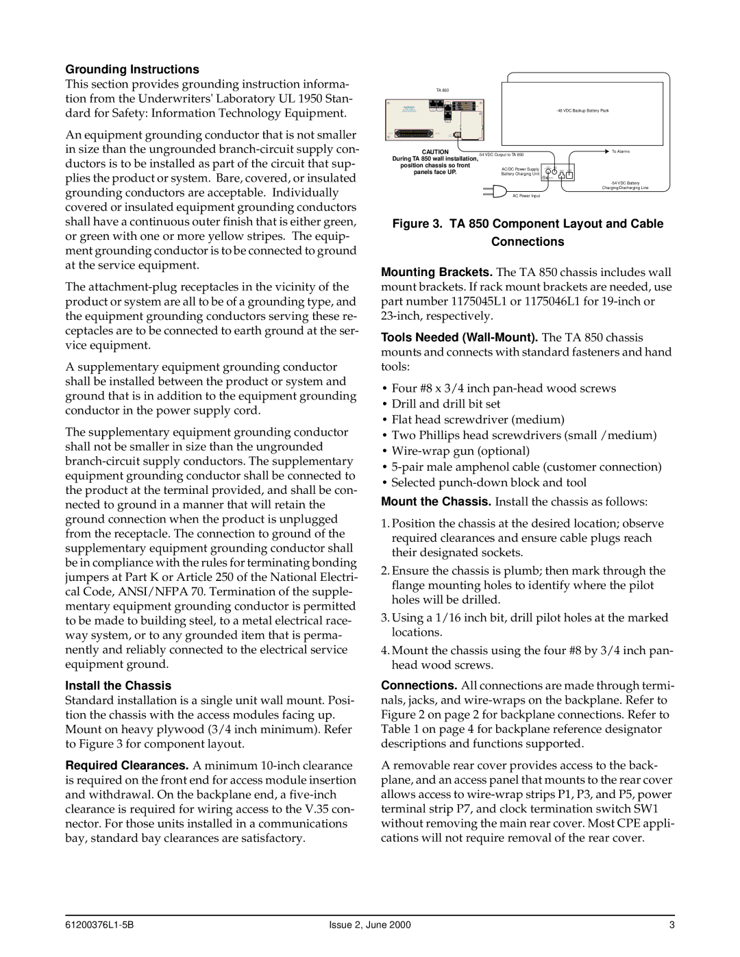 ADTRAN 850 specifications Grounding Instructions, Install the Chassis 