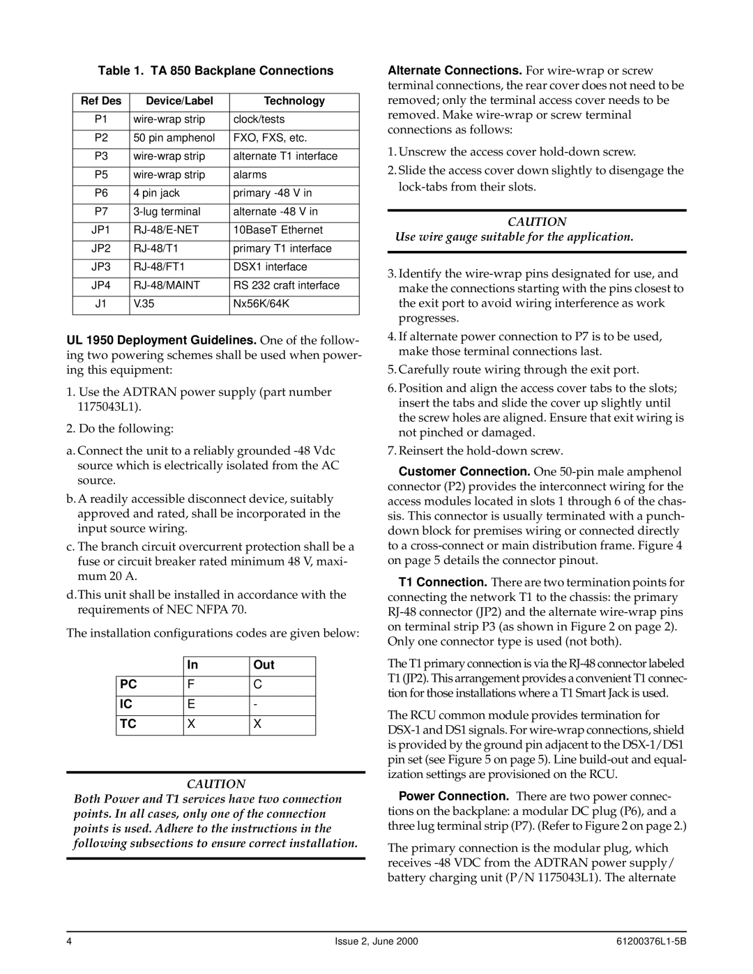 ADTRAN specifications TA 850 Backplane Connections, Out, Ref Des Device/Label Technology 