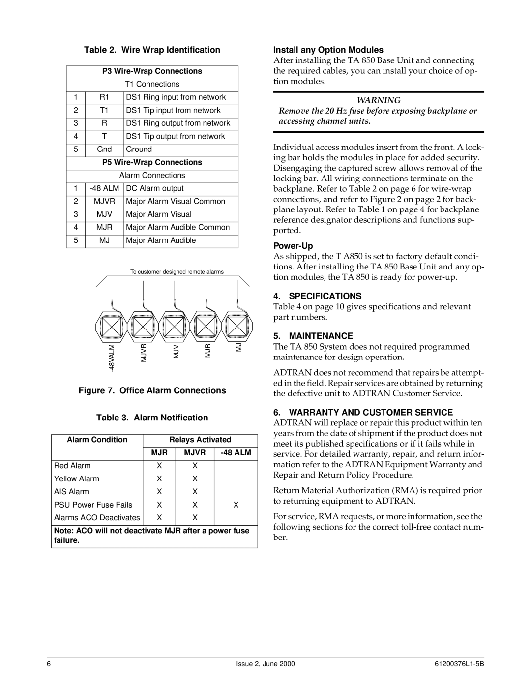 ADTRAN 850 specifications Specifications, Maintenance, Warranty and Customer Service 