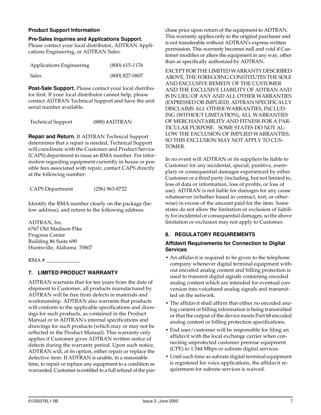 ADTRAN 850 Limited Product Warranty, Regulatory Requirements, Affidavit Requirements for Connection to Digital Services 