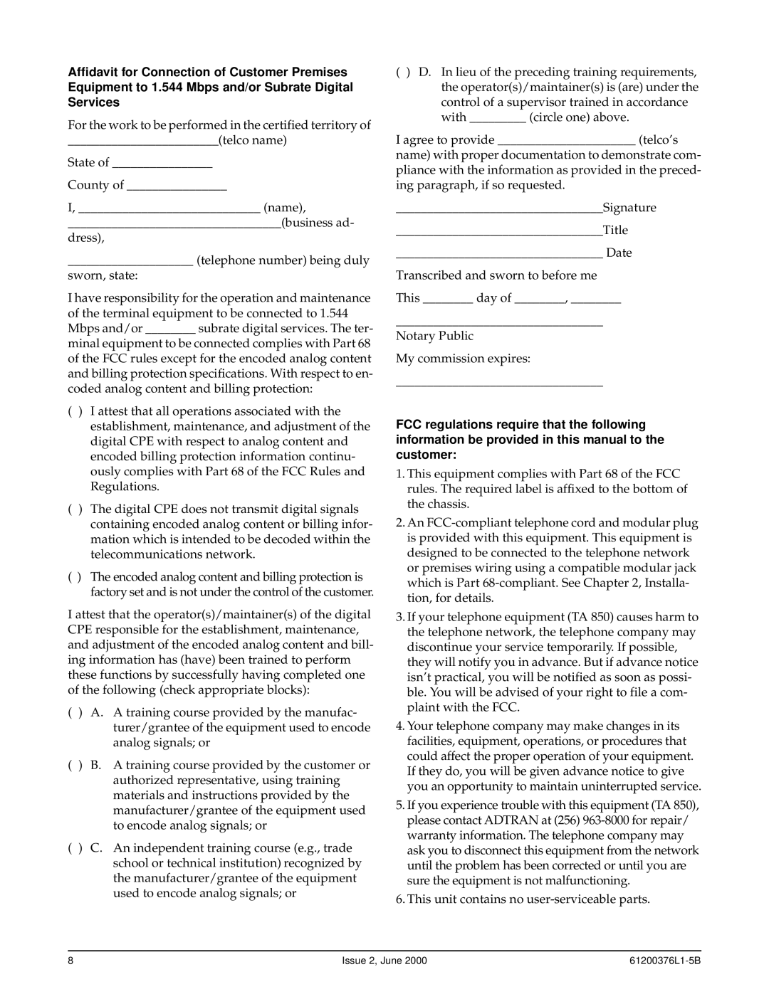 ADTRAN 850 specifications Issue 2, June 