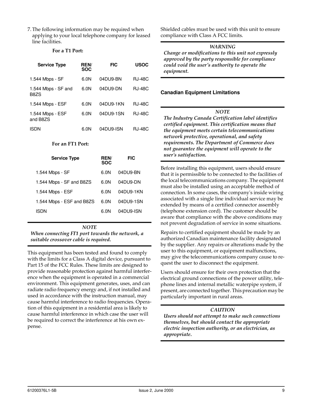 ADTRAN 850 specifications Canadian Equipment Limitations, Service Type 