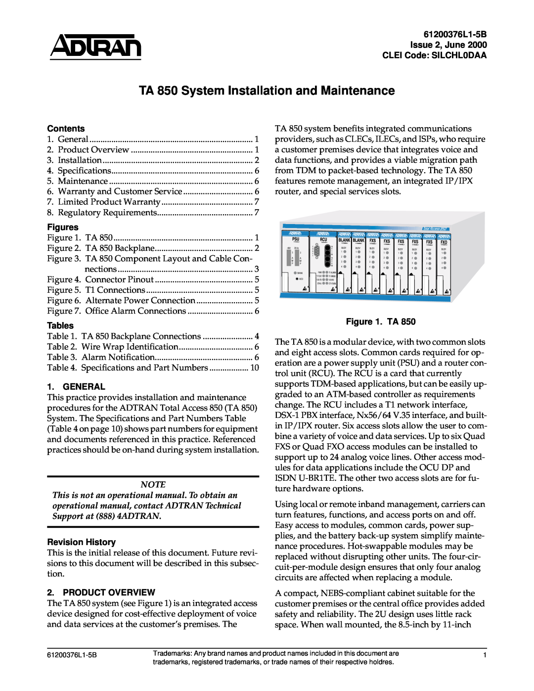 ADTRAN 850 specifications 61200376L1-5B Issue 2, June 2000 CLEI Code SILCHL0DAA, Contents, Figures, Tables, General 