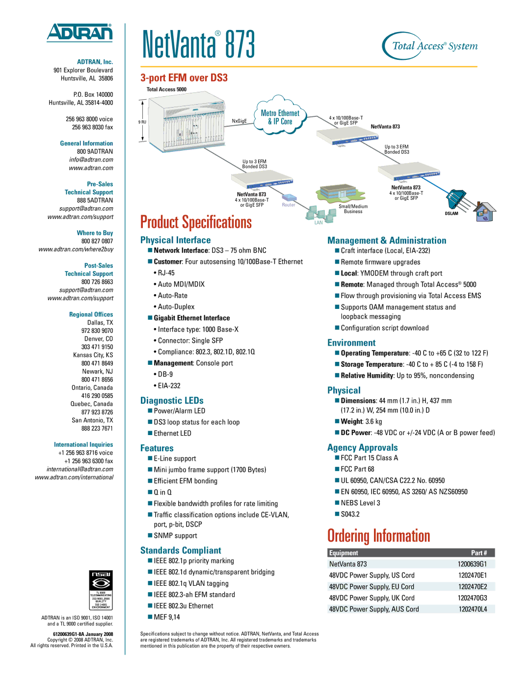 ADTRAN 873 Physical Interface, Diagnostic LEDs, Management & Administration, Environment, Features, Standards Compliant 