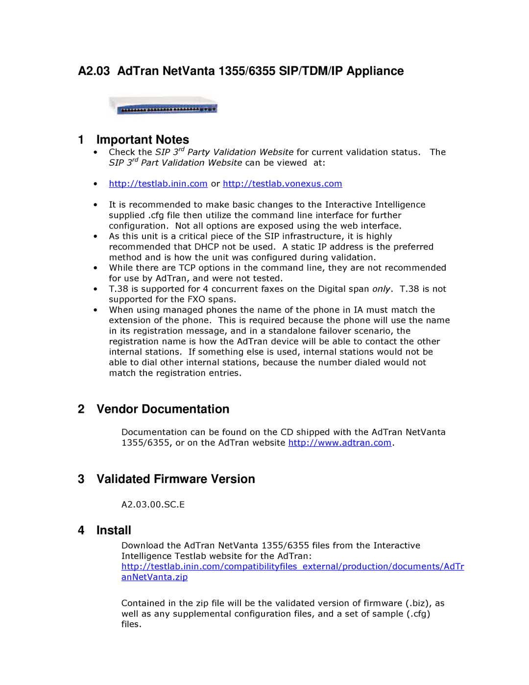 ADTRAN A2.03 manual Vendor Documentation Validated Firmware Version 