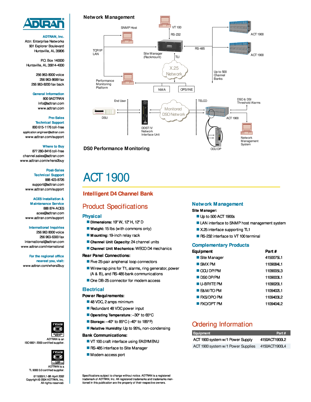 ADTRAN ACT 1900 Product Specifications, Ordering Information, Monitored, Intelligent D4 Channel Bank, Network Management 