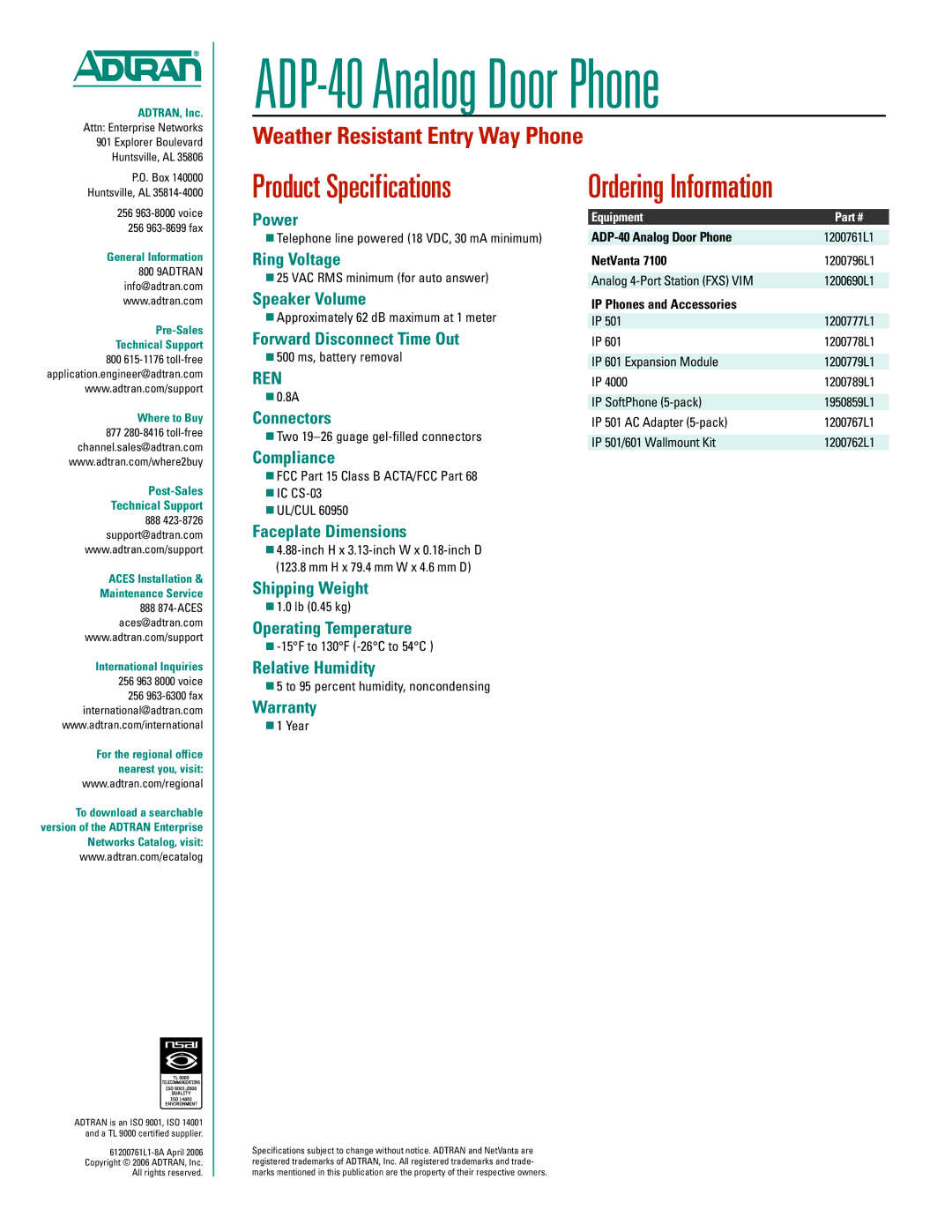 ADTRAN ADP-40 manual Product Specifications, Ordering Information 