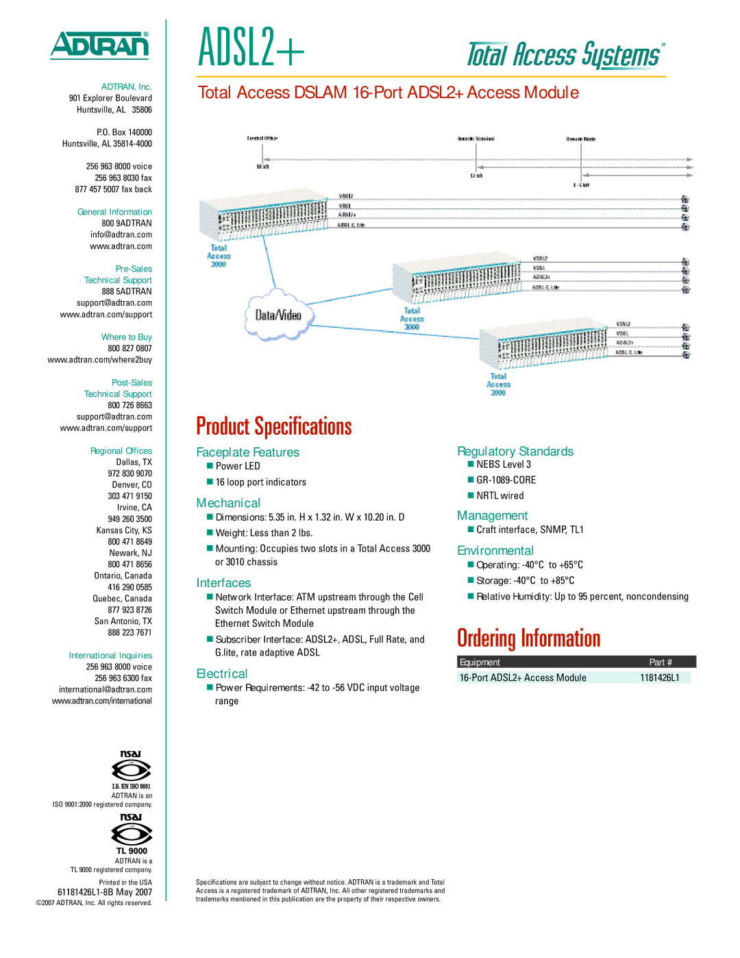 ADTRAN ADSL2+ warranty Product Specifications, Ordering Information 