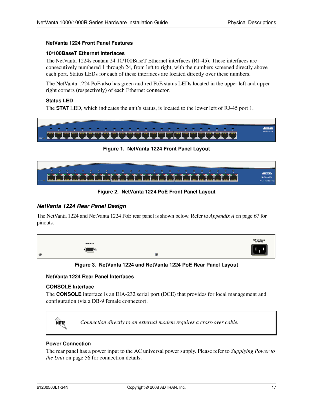 ADTRAN ADT-1234POE manual NetVanta 1224 Rear Panel Design, Status LED, Power Connection 