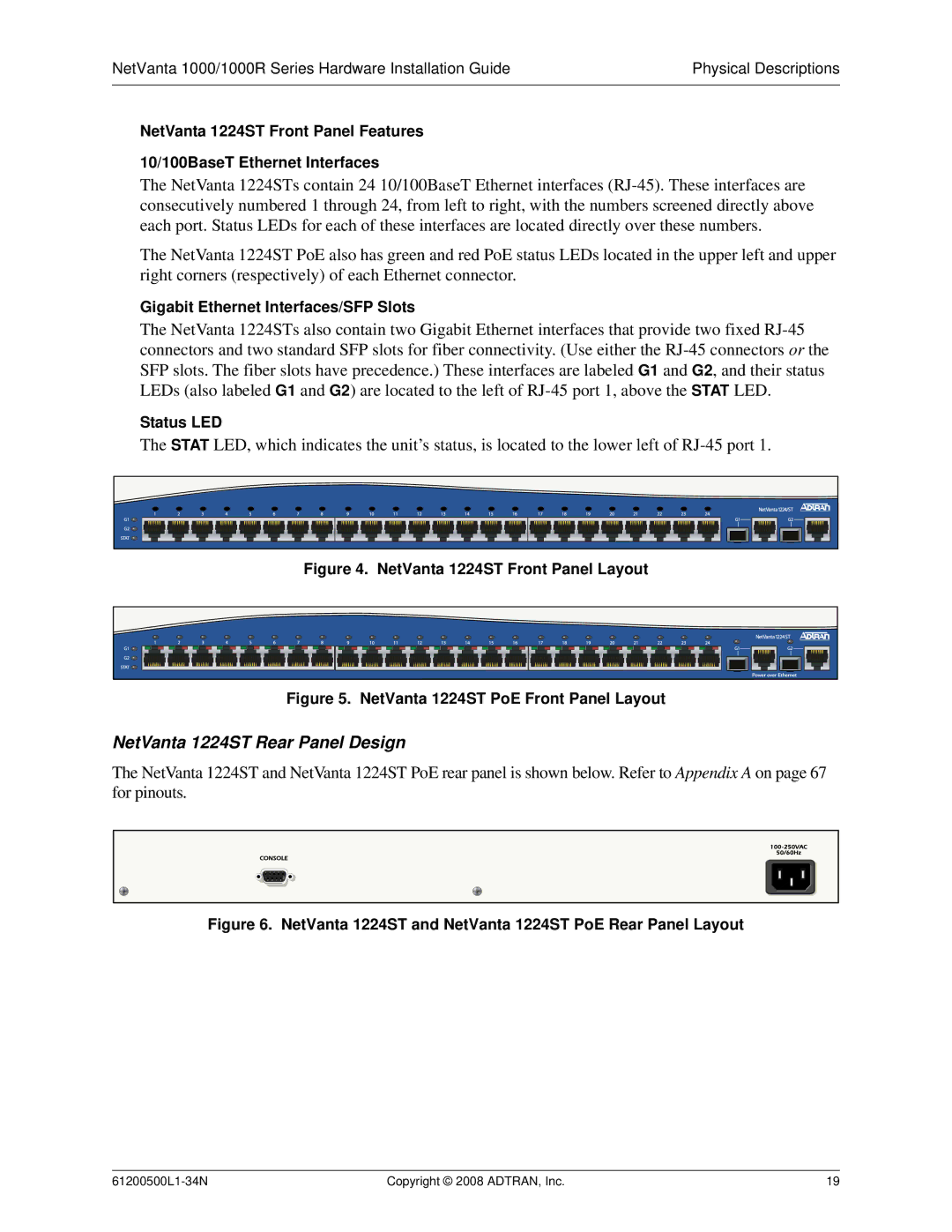 ADTRAN ADT-1234POE manual NetVanta 1224ST Rear Panel Design, Gigabit Ethernet Interfaces/SFP Slots 