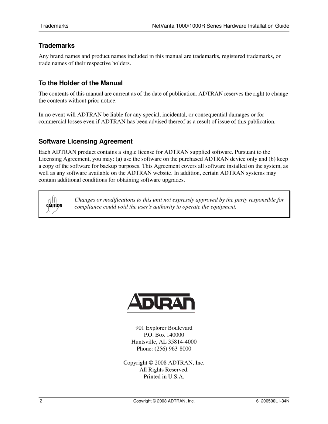 ADTRAN ADT-1234POE manual Trademarks, To the Holder of the Manual, Software Licensing Agreement 