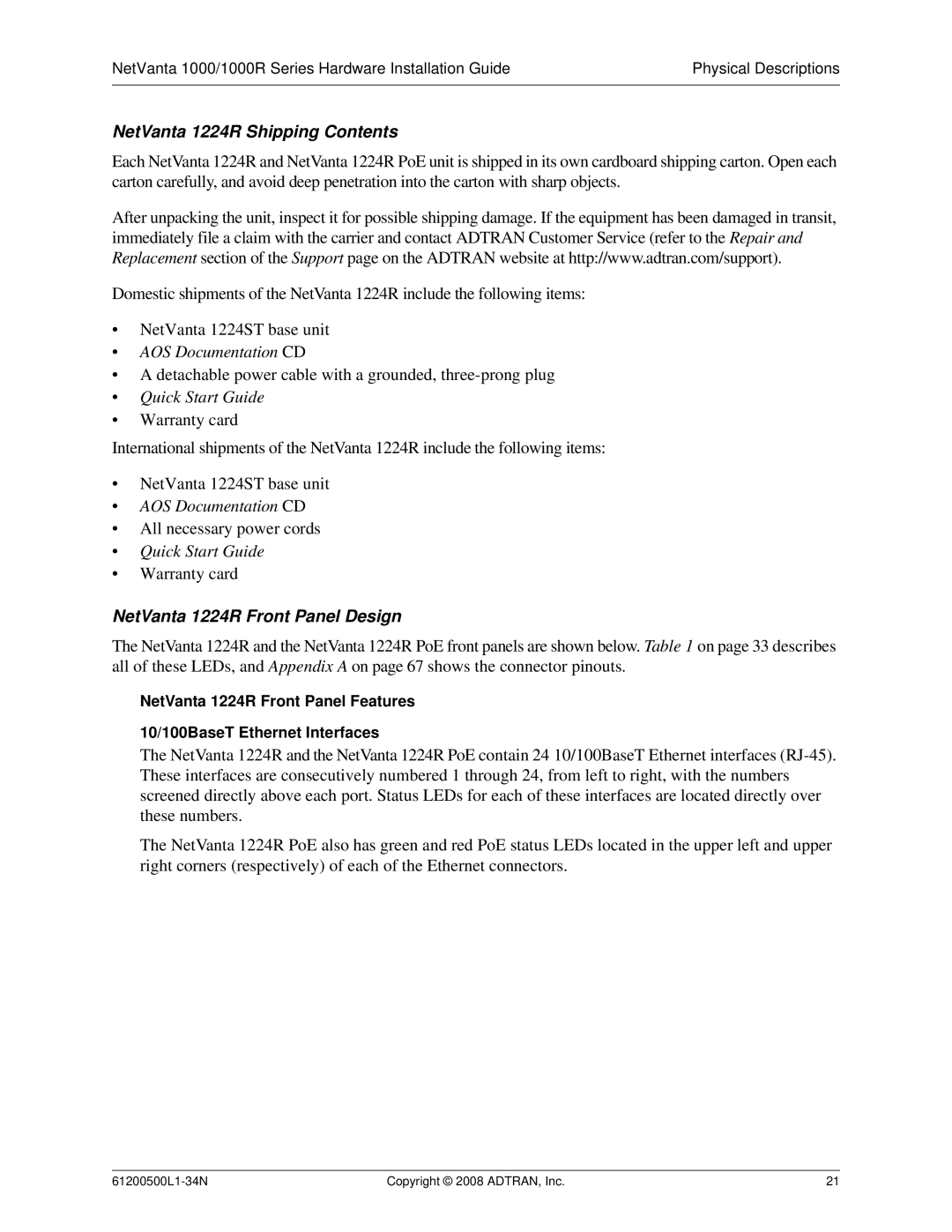 ADTRAN ADT-1234POE manual NetVanta 1224R Shipping Contents, NetVanta 1224R Front Panel Design 