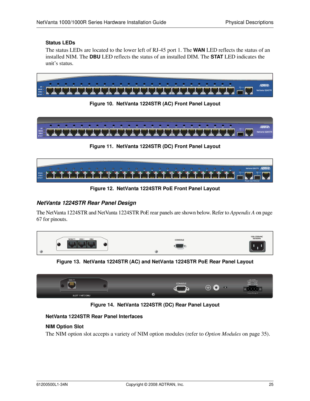 ADTRAN ADT-1234POE manual NetVanta 1224STR Rear Panel Design, NetVanta 1224STR AC Front Panel Layout 