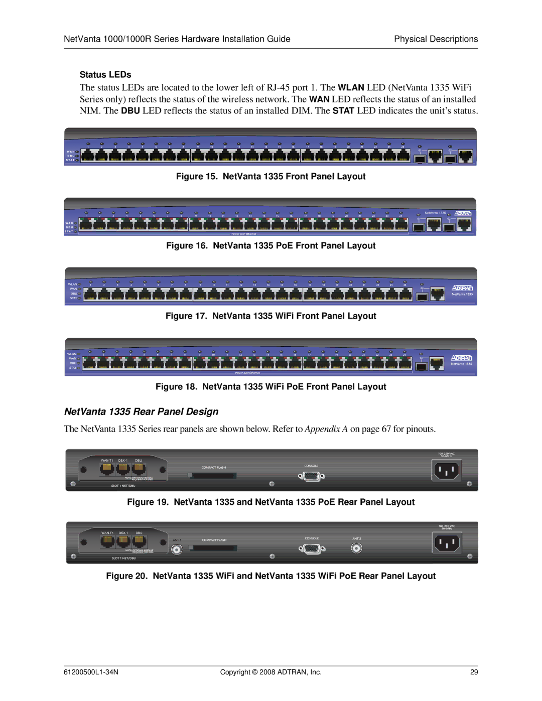 ADTRAN ADT-1234POE manual NetVanta 1335 Rear Panel Design, NetVanta 1335 Front Panel Layout 