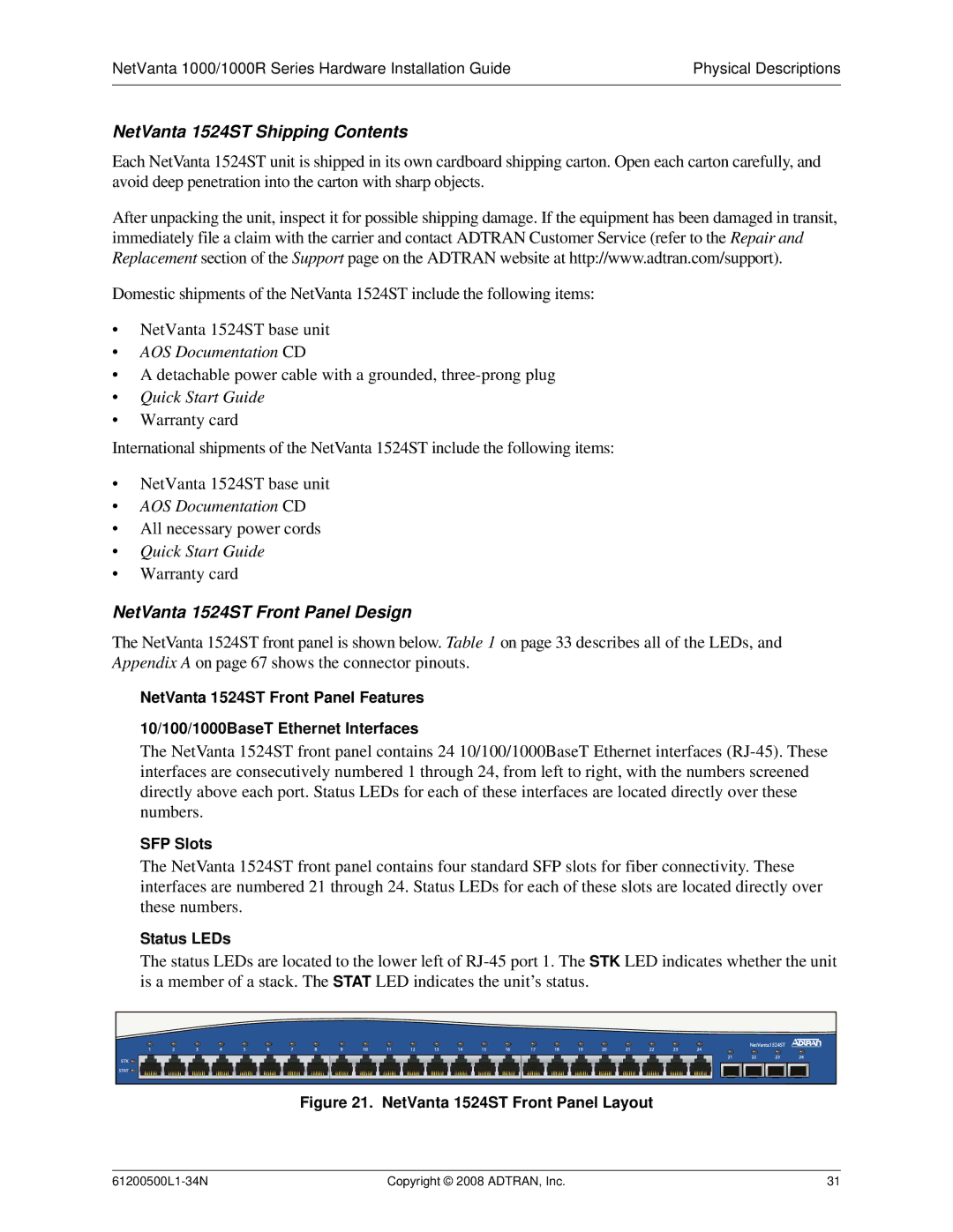 ADTRAN ADT-1234POE manual NetVanta 1524ST Shipping Contents, NetVanta 1524ST Front Panel Design 