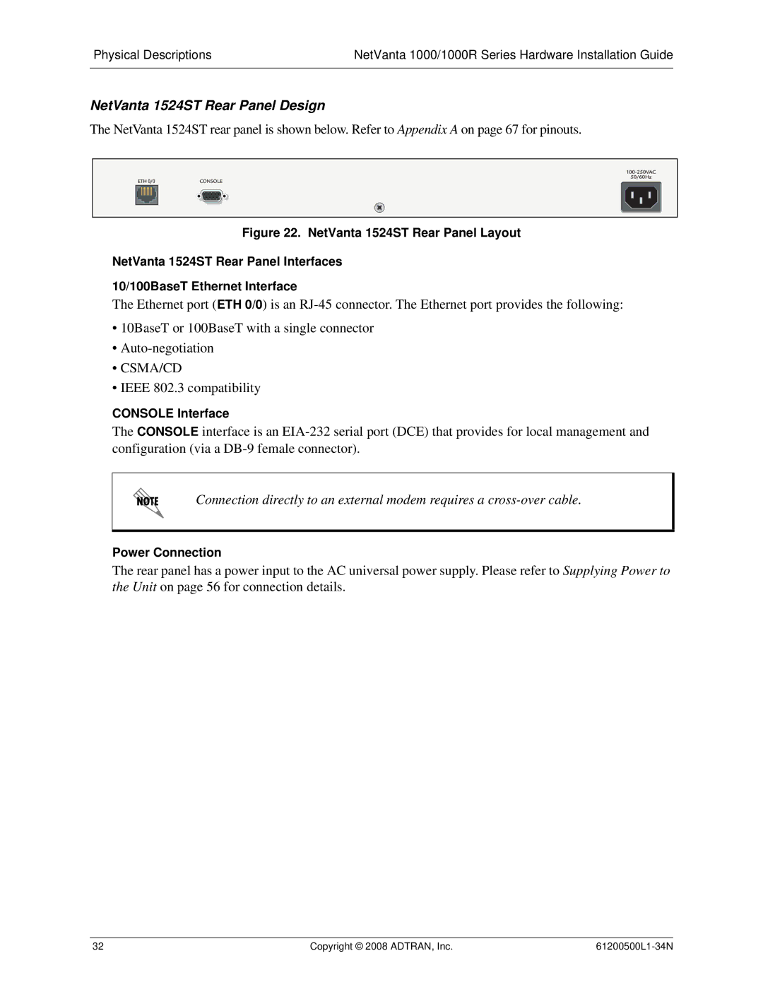 ADTRAN ADT-1234POE manual NetVanta 1524ST Rear Panel Design, Csma/Cd 