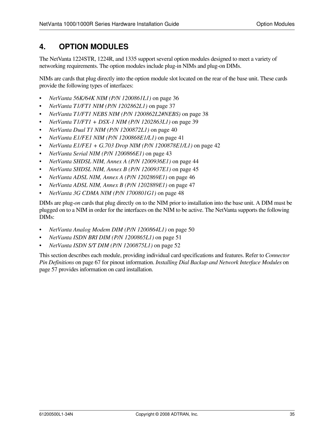 ADTRAN ADT-1234POE manual Option Modules 