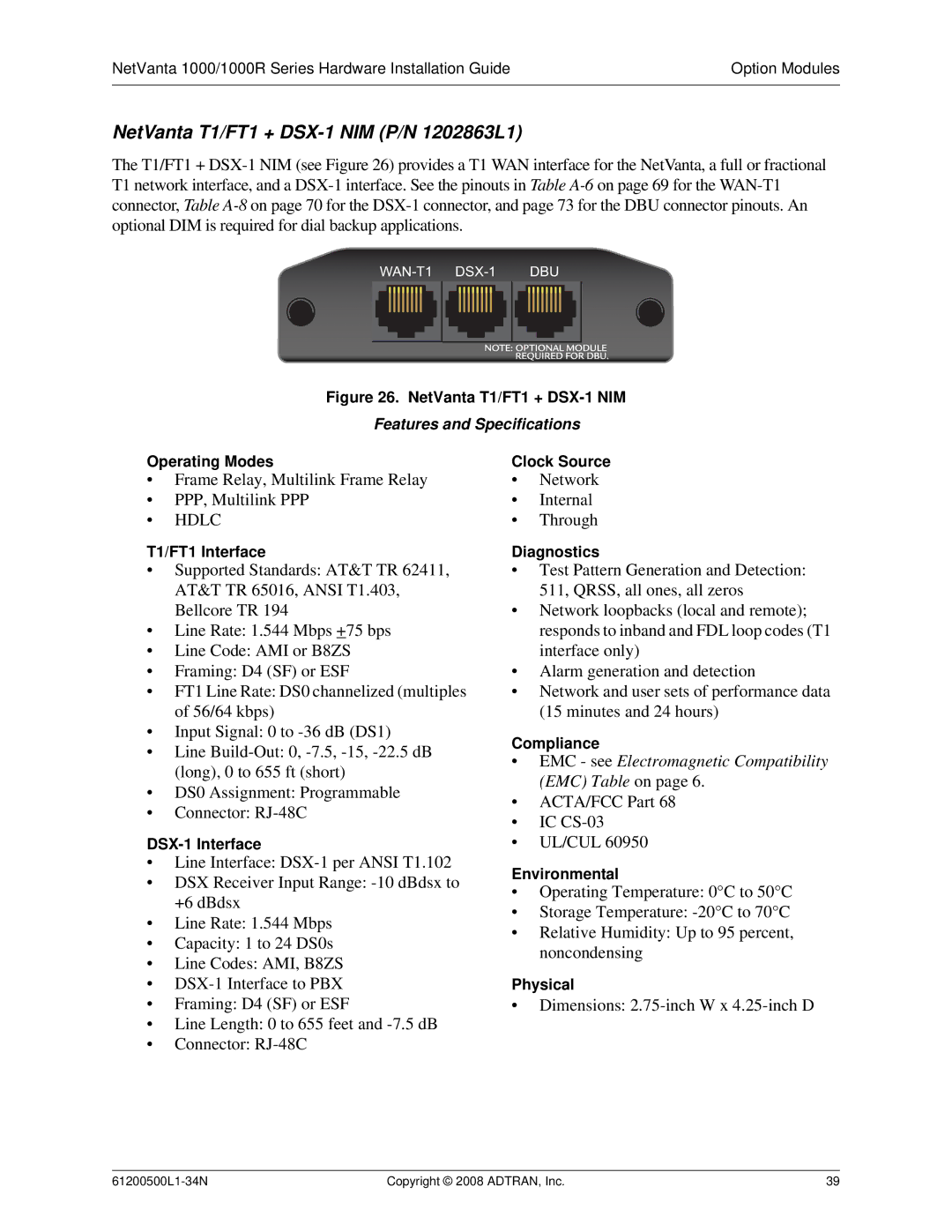 ADTRAN ADT-1234POE manual NetVanta T1/FT1 + DSX-1 NIM P/N 1202863L1, DSX-1 Interface 