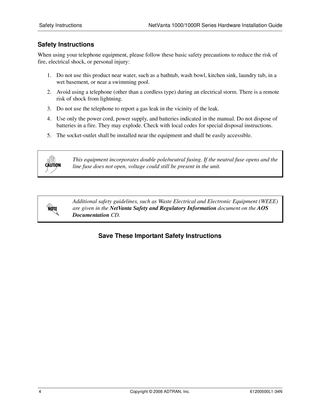 ADTRAN ADT-1234POE manual Save These Important Safety Instructions 