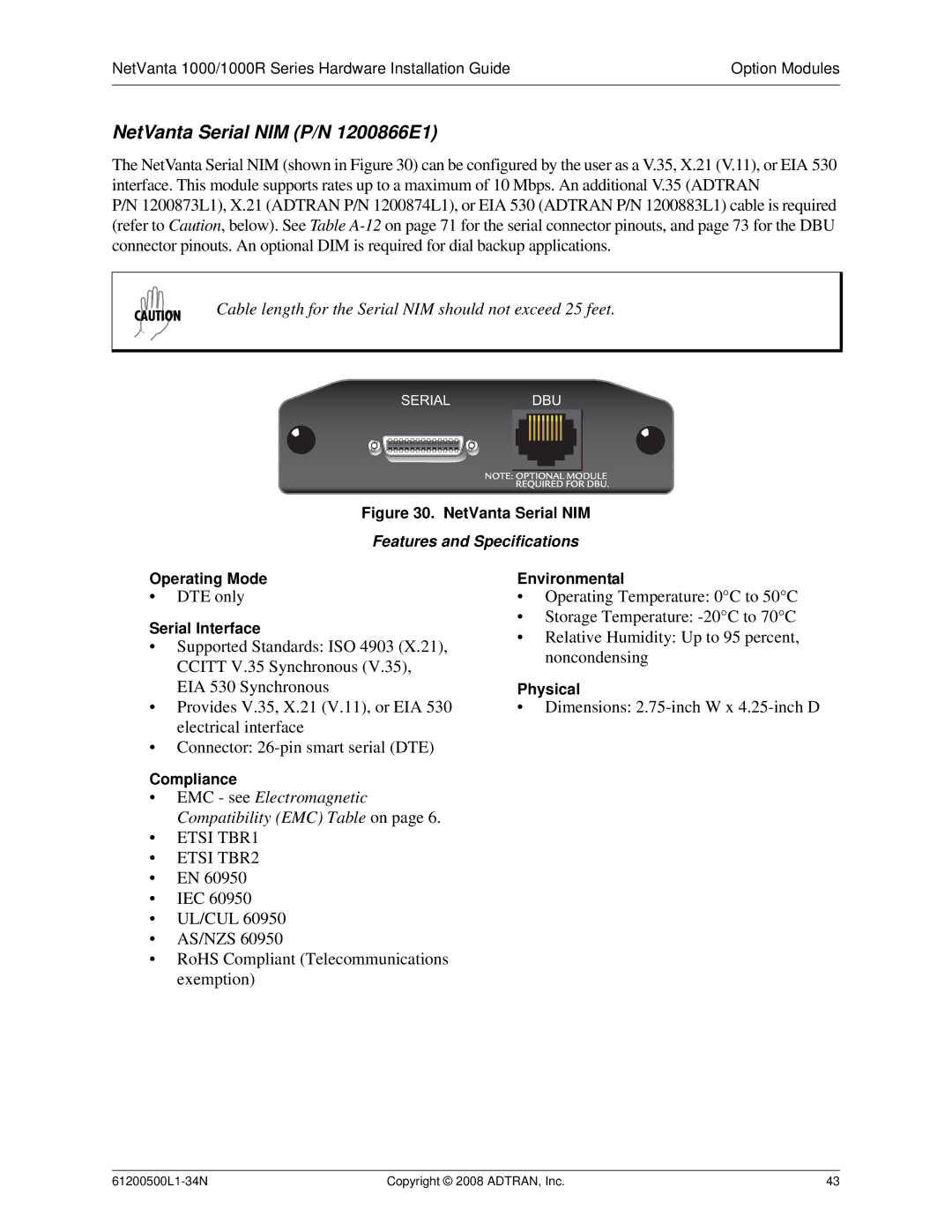 ADTRAN ADT-1234POE manual NetVanta Serial NIM P/N 1200866E1, Operating Mode, Serial Interface 