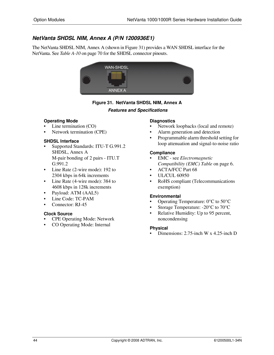 ADTRAN ADT-1234POE manual NetVanta Shdsl NIM, Annex a P/N 1200936E1, Shdsl Interface 