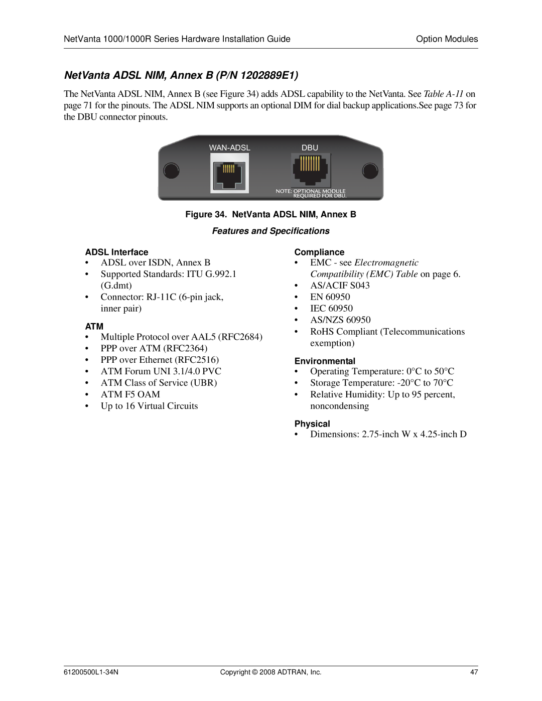 ADTRAN ADT-1234POE manual NetVanta Adsl NIM, Annex B P/N 1202889E1 