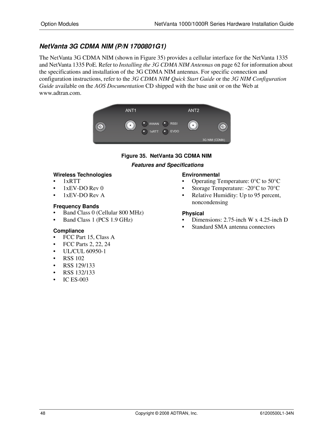 ADTRAN ADT-1234POE manual NetVanta 3G Cdma NIM P/N 1700801G1, Wireless Technologies, Frequency Bands 