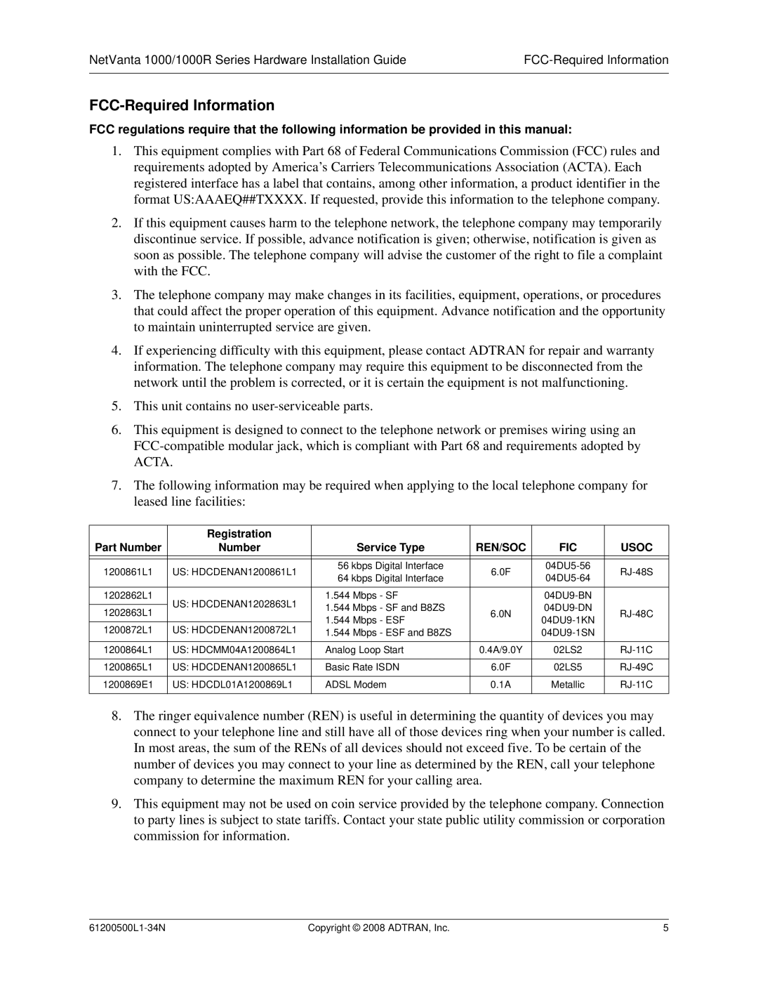 ADTRAN ADT-1234POE manual FCC-Required Information, REN/SOC FIC Usoc 