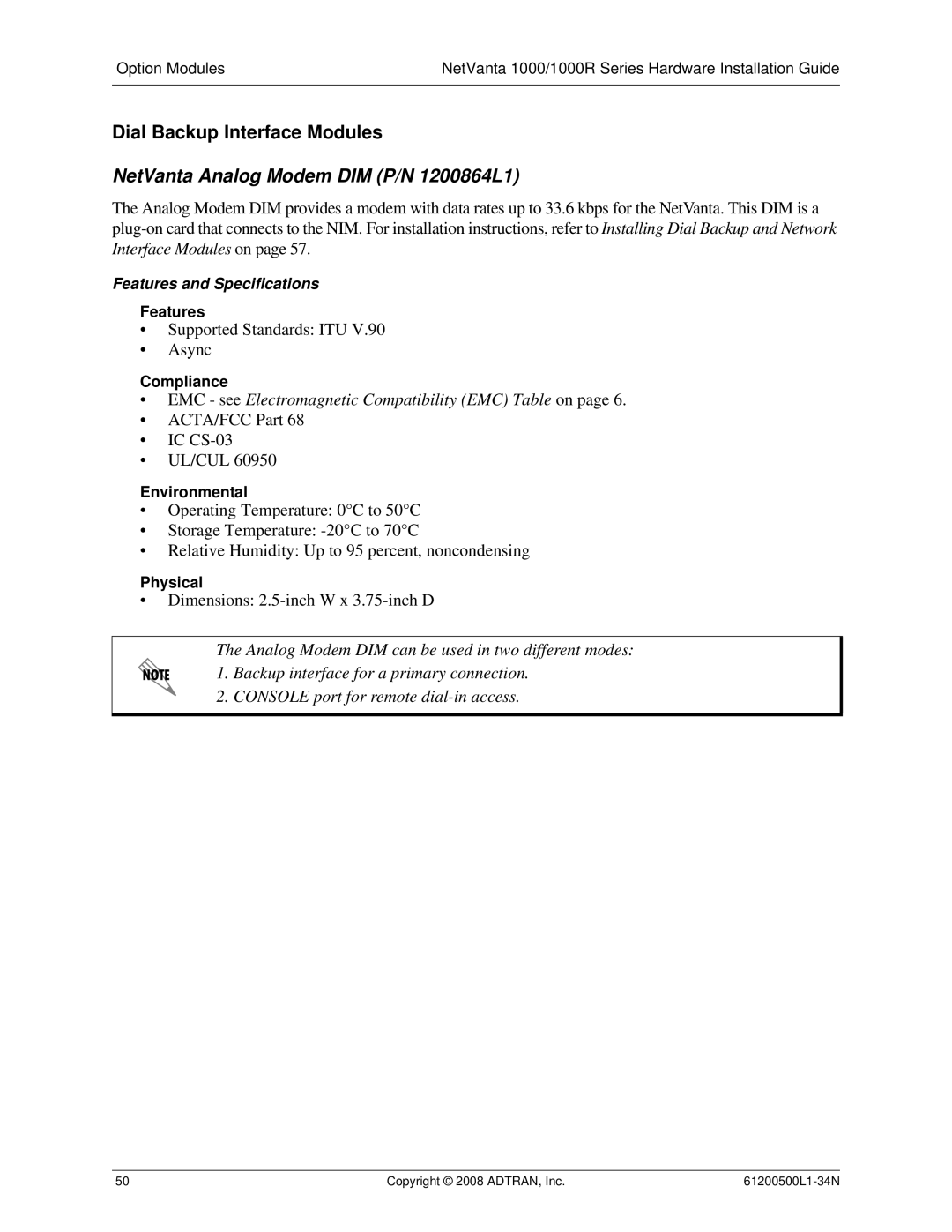 ADTRAN ADT-1234POE manual Dial Backup Interface Modules, NetVanta Analog Modem DIM P/N 1200864L1, Features 